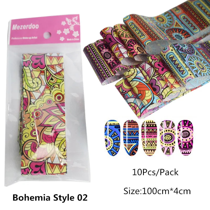 Aichashi 10Pcs 4*100cm Paisley Colorful Nail Foils Bohemia Nail Art Transfer Sticker Decal Mandala Slider Decals DIY Nail Tips Decoration