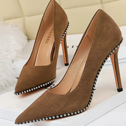 aichashi  -  Shoes Black Heels Metal Beads Woman Pumps Suede High Heels Stiletto Wedding Shoes Women Heels Female Plus Size 41 42 43