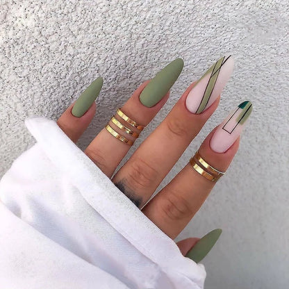 24pcs false nails matte Green Nails Patch with glue Removable Long Paragraph Fashion Manicure press on Nail tips