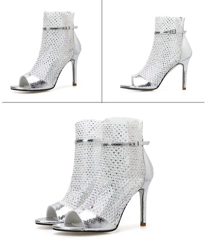 aichashi  -  NEW Fashion DIAMANTE FISHNET HEELS Sandals Ankle Boots High Heels Women Autumn Sexy Chelsea Booties Peep Toe Party Pumps