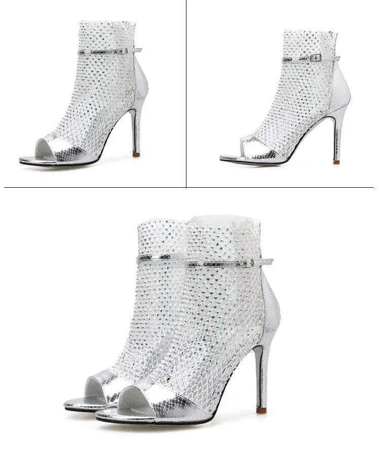 aichashi  -  NEW Fashion DIAMANTE FISHNET HEELS Sandals Ankle Boots High Heels Women Autumn Sexy Chelsea Booties Peep Toe Party Pumps