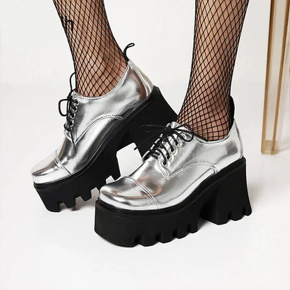 Aichashi New Fashion Silver Platform Shoes Harajuku Japanese School Shoes Women Chunky Heel Light Comfortable Gothicgirl Lace Up