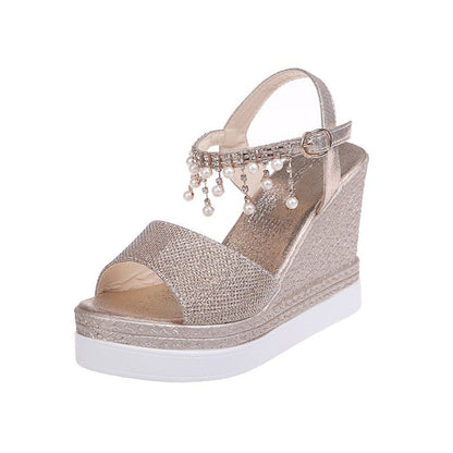 Aichashi New Women Wedge Sandals Summer Bead Studded Detail Platform Sandals Buckle Strap Peep Toe Thick Bottom Casual Shoes Ladie