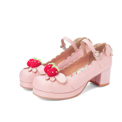 aichashi  -  Princess Lolita Girls Mary Janes Shoes Women Sweet Party Dress Cosplay Wedding Pumps Chunky Med Heels Strawberry Plus Size 34-48