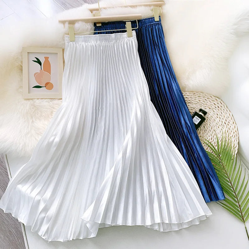 Aichashi High Waist Satin Pleated Skirt Autumn Solid Color Black Pink Blue White Long Skirt for Women