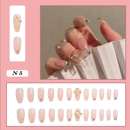 24pcs false nails matte Green Nails Patch with glue Removable Long Paragraph Fashion Manicure press on Nail tips