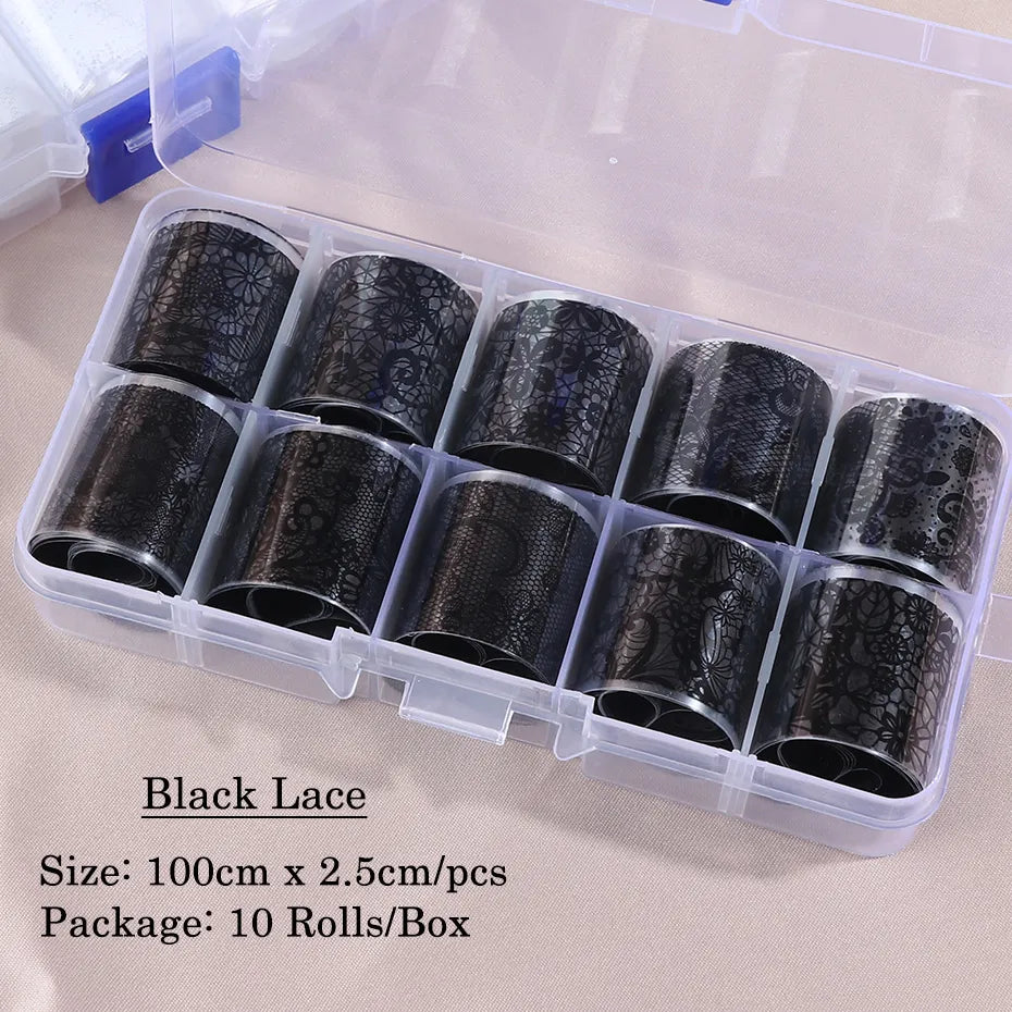 Aichashi 10 Rolls/Box White Black Lace Nail Art Foils Set Nail Transfer Sticker Paper DIY Manicure Nail Decoration Accessories