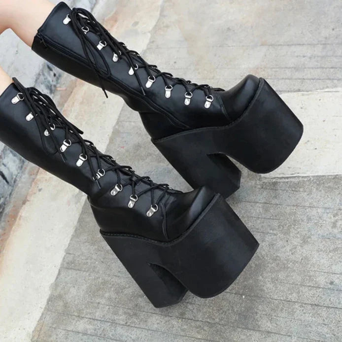 Aichashi Large Size 43 Thick Platform Extreme High Heels Cool Motorcycles Boots Punk Style Shoelaces Knee High Boots Winter