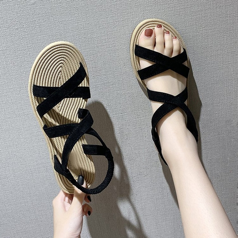 Aichashi New Summer Rome Sandals Shoes Woman Cross Belt Sandals Flat Beach Sandalias Ladies Sandalia Feminina Open Toe Shoes