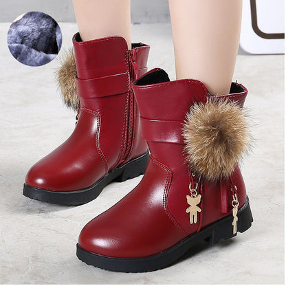 Aichashi New Winter Girls Boots Real Fur Ball PU Leather Kids Snow Boots Warm Plush Sneakers Children Shoes