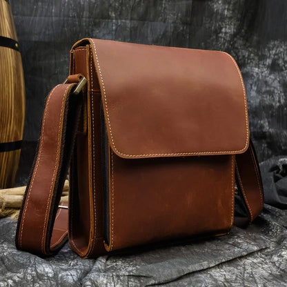 Aichashi  Men's Crazy Horse Leather Shoulder Bag iPad Genuine Leather Messenger Bag Vintage Casual Travel Bag Durable Leather Book Bag