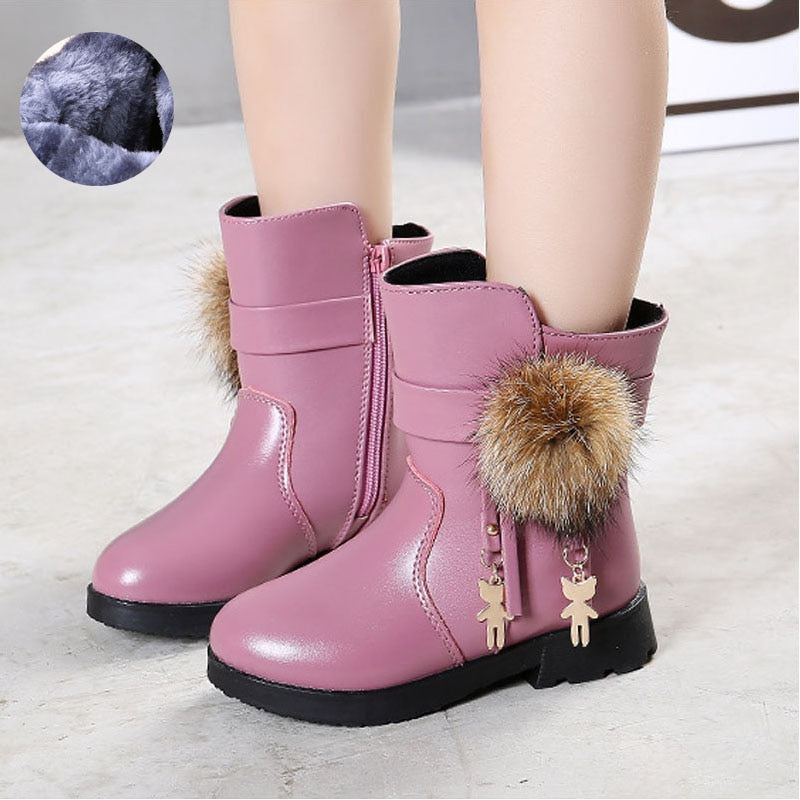 Aichashi New Winter Girls Boots Real Fur Ball PU Leather Kids Snow Boots Warm Plush Sneakers Children Shoes