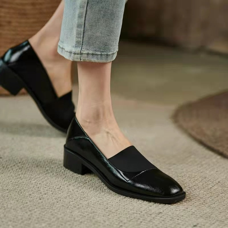 Aichashi New Elegant Women Low Heels Pumps Autumn High Quality Leather Fashion Square Toe Office Ladies Party Outdoor Shoes