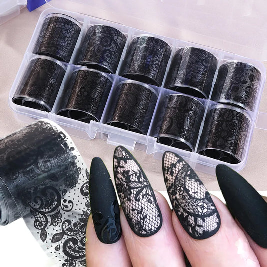 Aichashi 10 Rolls/Box White Black Lace Nail Art Foils Set Nail Transfer Sticker Paper DIY Manicure Nail Decoration Accessories