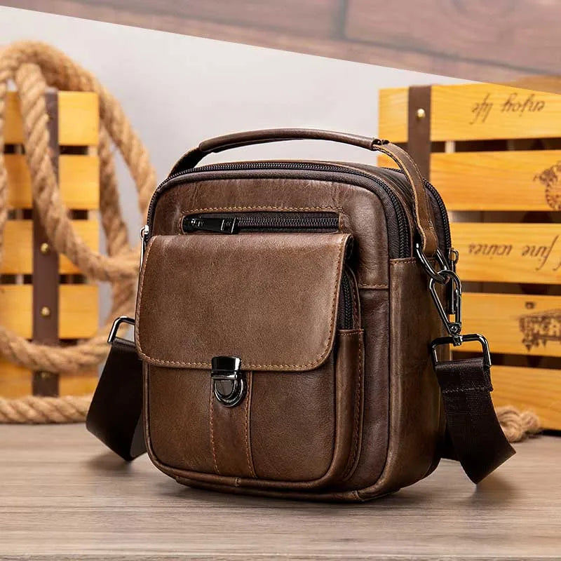 Aichashi Genuine Leather Men's Shoulder Bag Vintage Cowhide Double Zipper Pockets Multifunctional Messenger Bag Male Mini Handbag