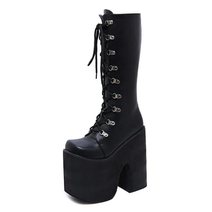 Aichashi Large Size 43 Thick Platform Extreme High Heels Cool Motorcycles Boots Punk Style Shoelaces Knee High Boots Winter