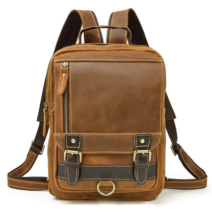 Aichashi Crazy Horse Leather Mens Chest Bag Single Shoulder Backpack 2 Use Vintage Cow Leather Male Travel Backpack Daypack Brown