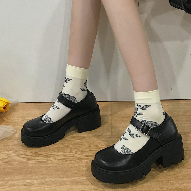 Aichashi New Student Shoes College Girl Student LOLITA Shoes JK Uniform Shoes PU Leather Heart-shaped Ankle-strap Mary Jane Shoes