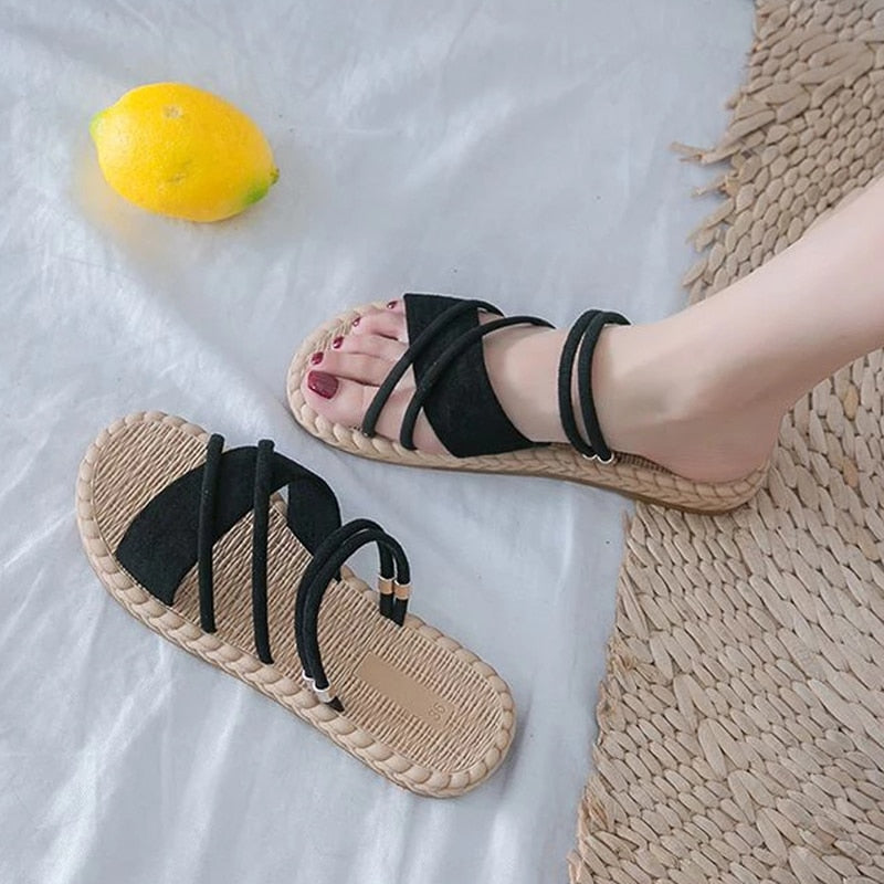 Aichashi New Summer Shoes Woman Sandals Flat Sandalias Mujer Thin Strips Gladiator Beach Sandals Ladies Flip Flops Slides