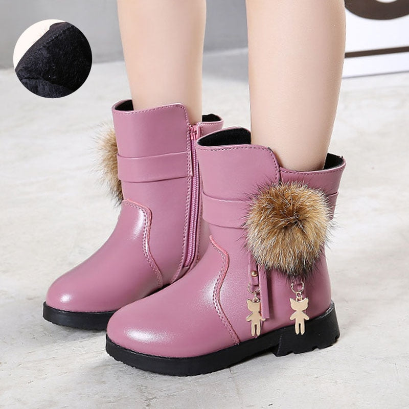 Aichashi New Winter Girls Boots Real Fur Ball PU Leather Kids Snow Boots Warm Plush Sneakers Children Shoes