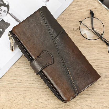 Aichashi Genuine Leather Long Wallet Man Women Credit Card Holder Clutch Purse Hasp Moible Phone RFID Blocking Wallet