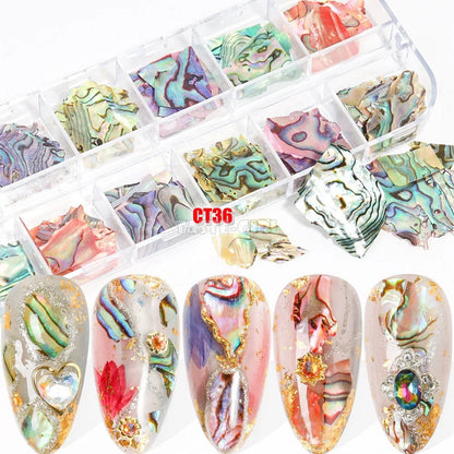 12 Grids/Set Irregular Color-changing Abalone Slice Natural Sea Shell Stone Fragment Nail Art Paillette Decoration DIY Manicure