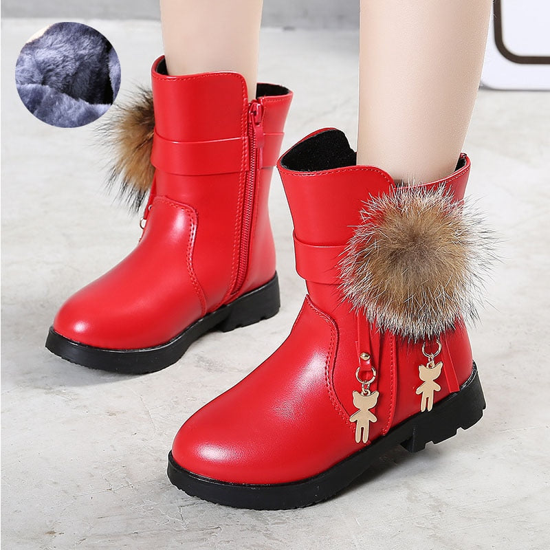 Aichashi New Winter Girls Boots Real Fur Ball PU Leather Kids Snow Boots Warm Plush Sneakers Children Shoes