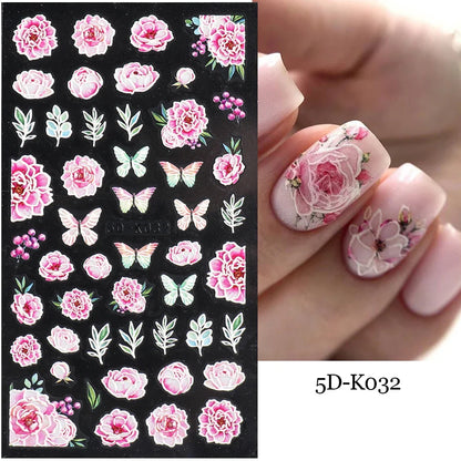 Aichashi 5D Embossed Nail Stickers Flowers Bird Geometric Lines Gold Frame Floral Nail Decals Cherry Blossom Y2K Manicure Decor