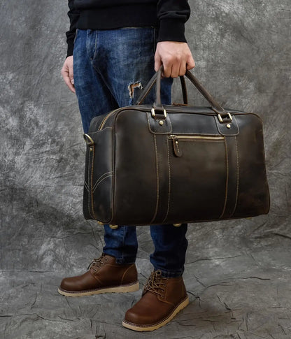 Aichashi Large Travel Bag Genuine Leather Vintage Style Luggage Bags Men Male Duffle Bags Travelling Bag Weekender Bags for Man