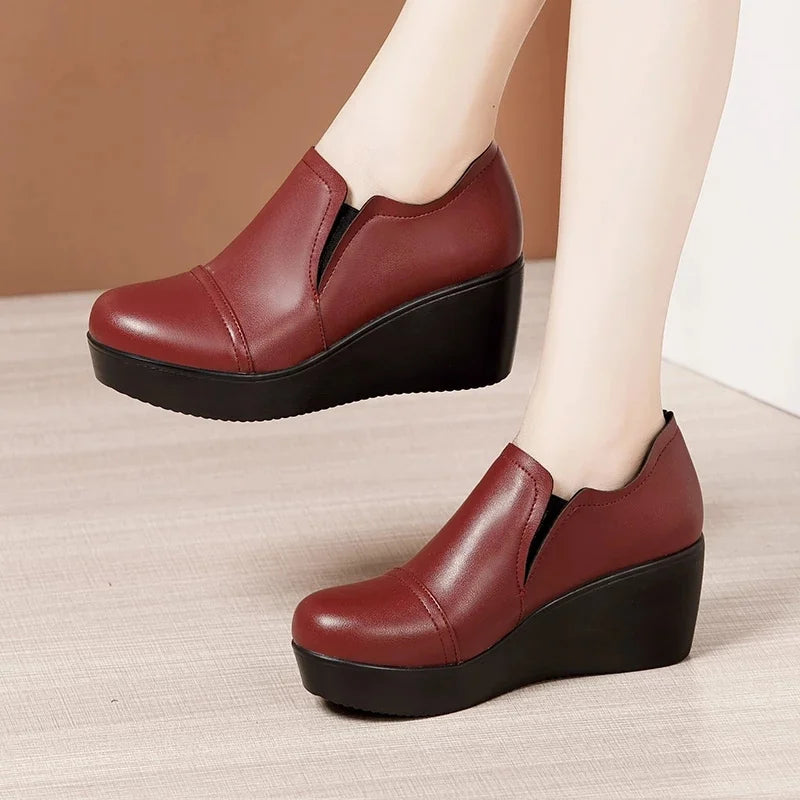 Aichashi High Heel Women Shoes  Women Leather Casual Shoes Breathable Fashion Waterproof Wedges Platform Shoes Women