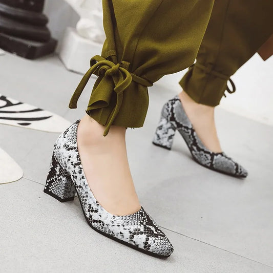 aichashi  -  Spring New Snake Skin Print Sexy High Heels Women Pumps Square Toe Concise Block High Heel Shoes Height 7.5cm Plus Size 45