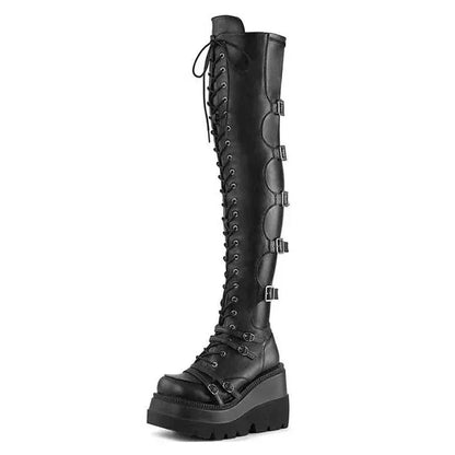 Aichashi Brand Design Female High Platform Thigh High Boots Buckle Strap Gothic Girls High Heels Boots Women Cosplay Wedges Shoes