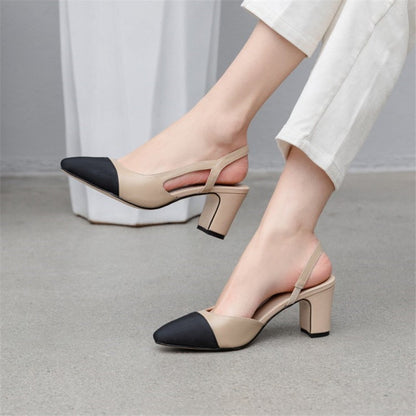 Aichashi Low Heels Real Leather Slingbacks Shoes Women Square Toe Pumps Thick Heel Shoes Brand Design Lady Footwear Size 40