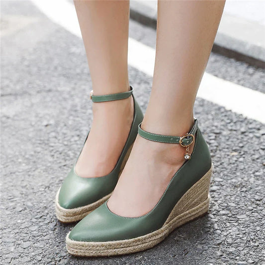 Aichashi Classic Wedges Shoes For Women Spring Casual Ankle Straps High Heels Pumps Shoes White Green Wedge Wedding Office Shoes Female