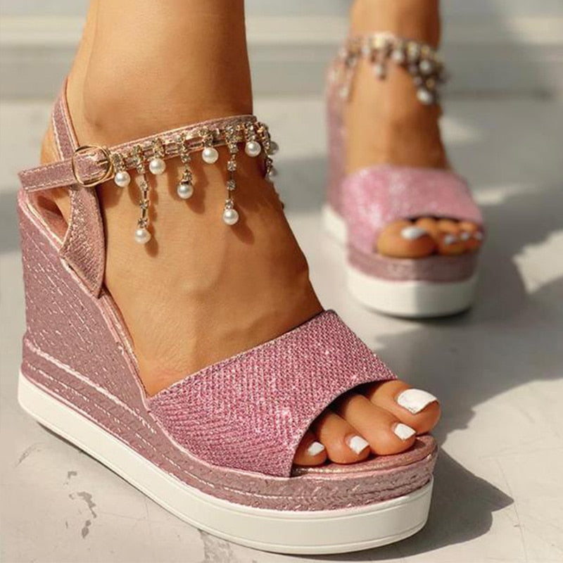 Aichashi New Women Wedge Sandals Summer Bead Studded Detail Platform Sandals Buckle Strap Peep Toe Thick Bottom Casual Shoes Ladie