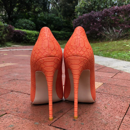 aichashi  -  Sexy Orange Croc-Effect Women Pointy Toe High Heels 12/10/8cm Slip On Stilettos Pumps Ladies Party Dress Shoes 34-45