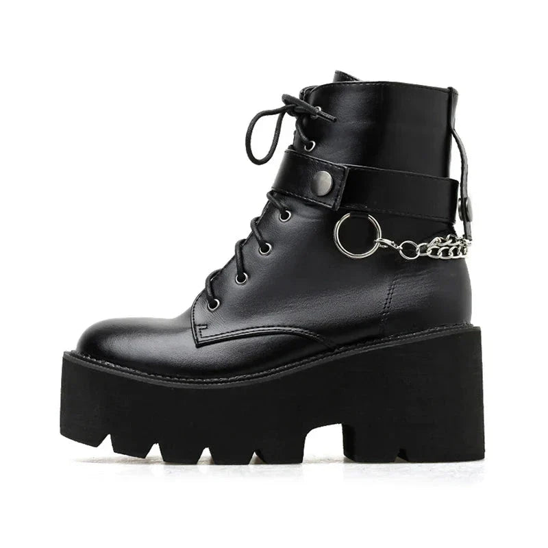 Aichashi New Sexy Chain Women Leather Autumn Boots Block Heel Gothic Black Punk Style Platform Shoes Female Footwear High Quality