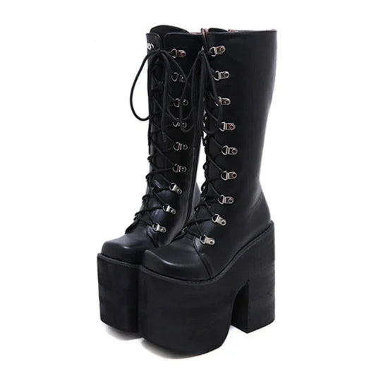 Aichashi Large Size 43 Thick Platform Extreme High Heels Cool Motorcycles Boots Punk Style Shoelaces Knee High Boots Winter