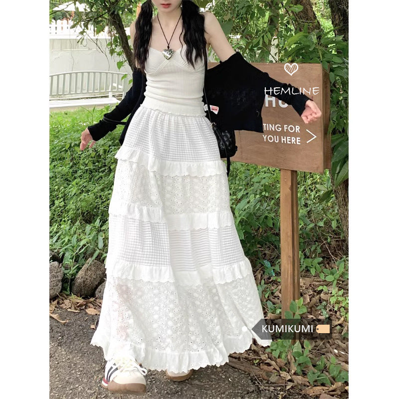 Aichashi church outfit White Gentle Style Skirt Women's Early Spring High Waist Umbrella Skirt A- Line Skirt Long Skirt Cake Skirt Design Lace Skirt