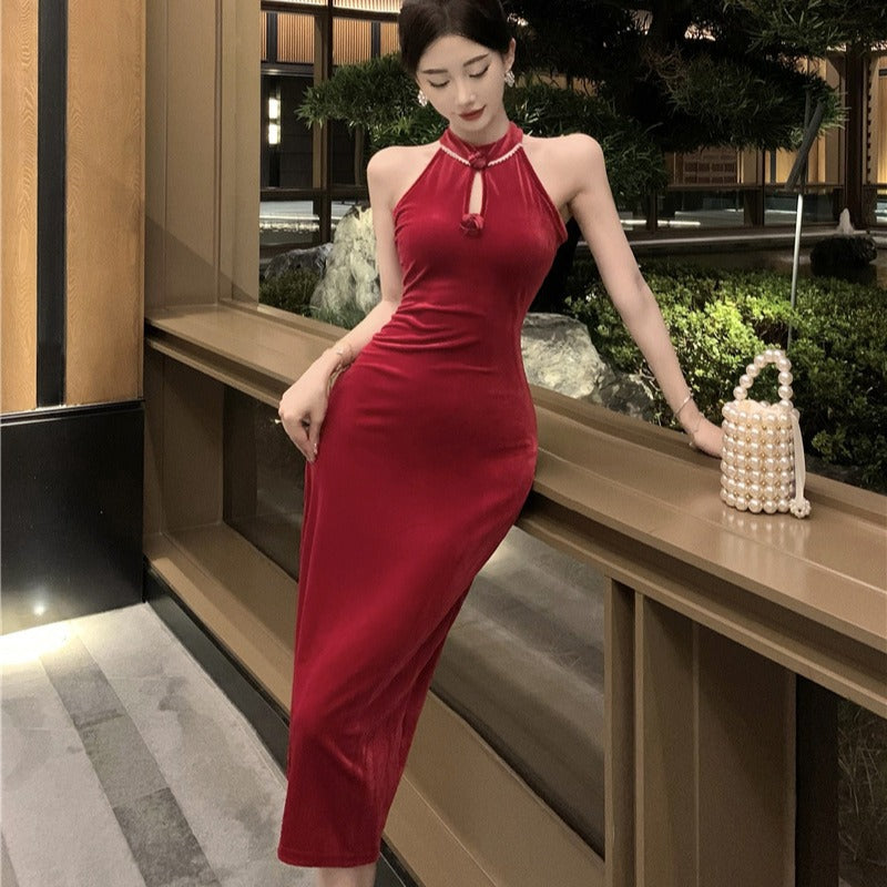 Aichashi dress to impress outfits Banquet Host Auto Show Dress Long Dress Improved Cheongsam Dress Sexy Split Halter Velvet Dress