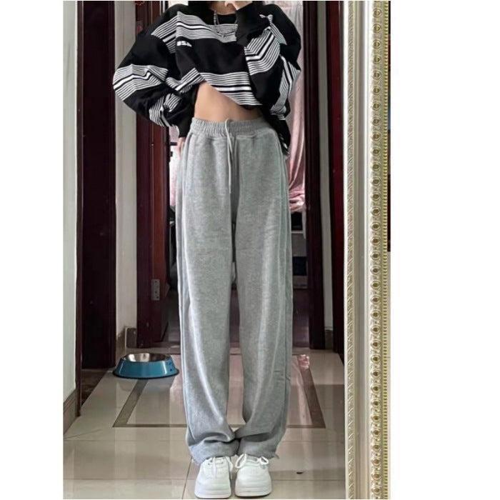 Aichashi clothes Gray Sports Pants for Women Spring and Autumn New High Waist Loose Wide Leg Pants Ankle-Tied Sweatpants Slim Casual Pants Straight Pants