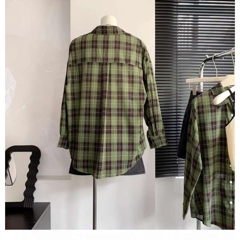 Aichashi grunge outfits Women's White and Green Plaid Shirt, Large Loose Plaid Coat for Spring and Summer