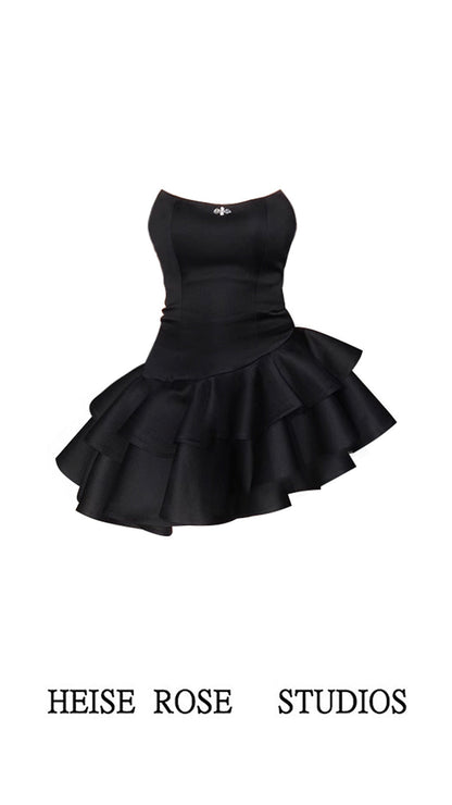 Aichashi freshman hoco dresses Birthday Party Dress Black Dress Women's Spring and Autumn New Tube Top Skirt Irregular Cake Skirt Pettiskirt