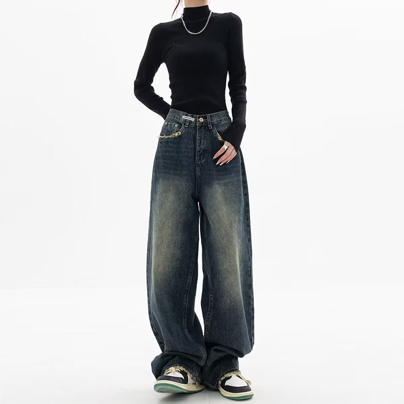 Aichashi 2000s fashion Harajuku Fashion High Waist Women's Spring and Autumn New All-Match Zipper Light Color Washed Trendy Jeans Simple Straight Pants