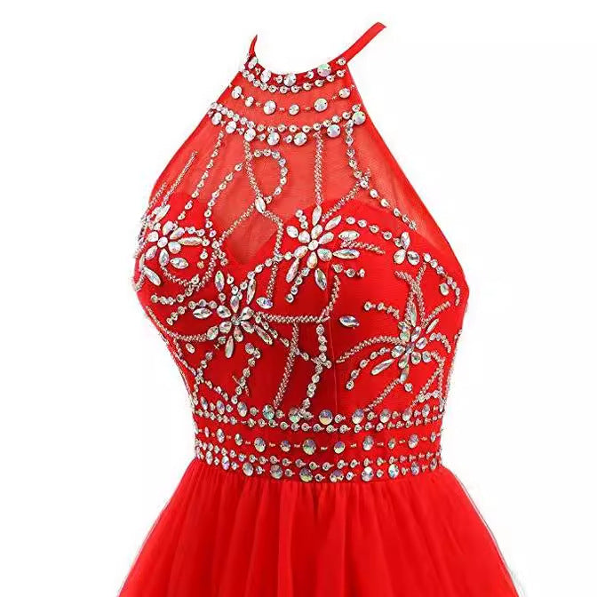 Aichashi dresses Slim-Fit Small Dress Halter Short Bridal Wedding Dress Banquet Evening Dress Lace New Red Women