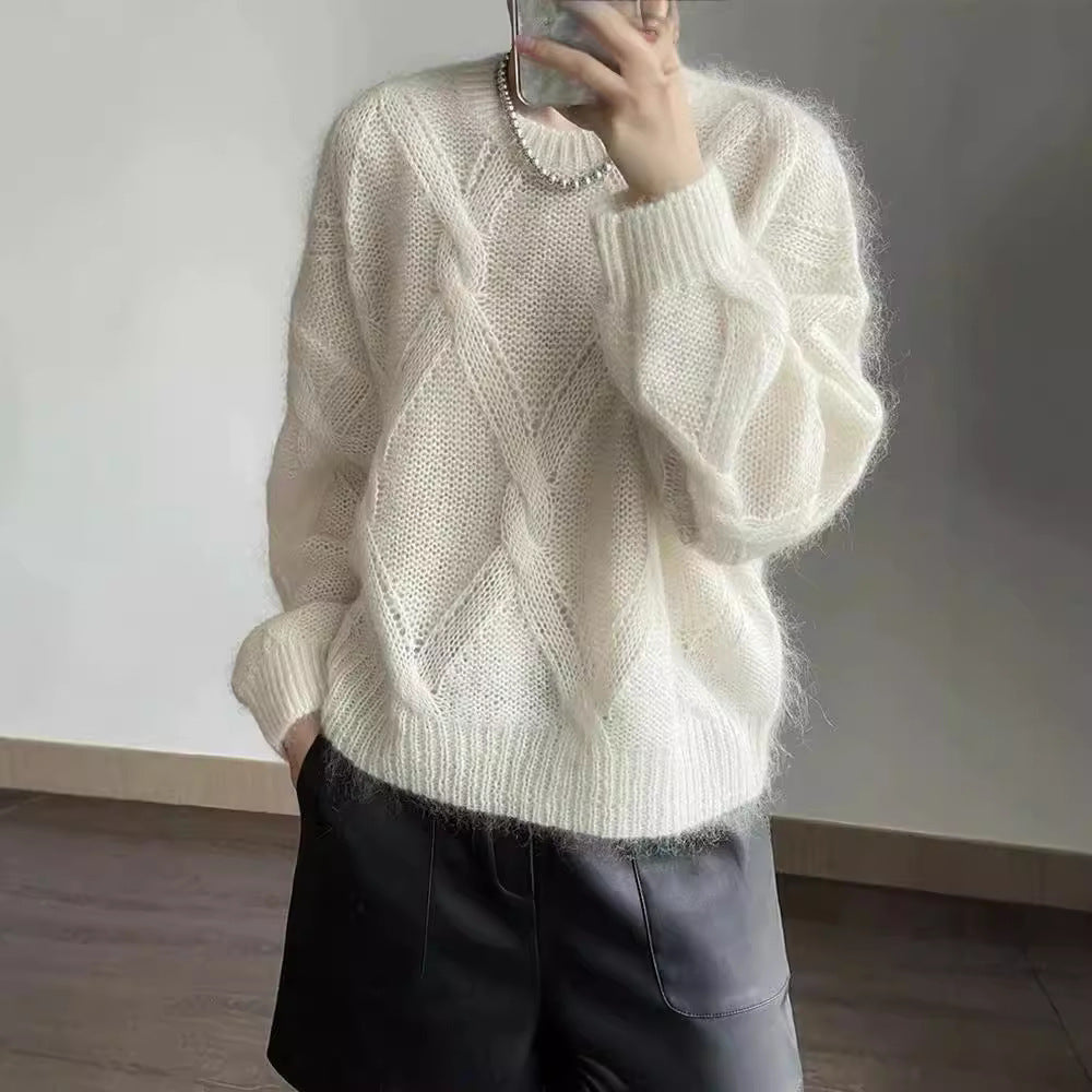 Aichashi birkenstock clogs outfit fall Lazy Style Woolen Sweater Women's Autumn and Winter Loose Korean Style Knitted Soft Glutinous High-Grade Twisted Sweater round Neck