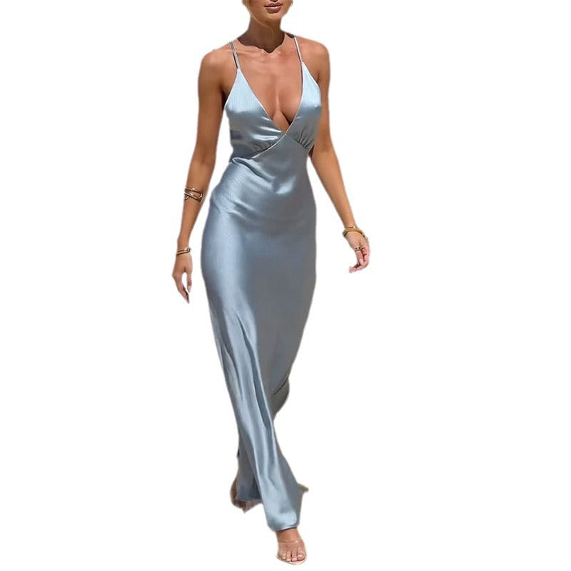 Aichashi dress to impress Summer New Low Cut Design Sexy Slim Satin Evening Dress