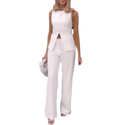 Aichashi date night outfit Women's Summer Square Collar Sleeveless Vest Top High Waist Straight Trousers Fashion Suit