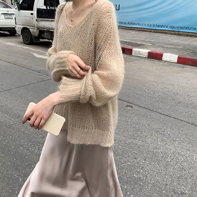 Aichashi fall outfits aesthetic Hollow-out Knitted Blouse Early Autumn New Loose Outer Wear Lazy Pullover Mohair Thin Sweater