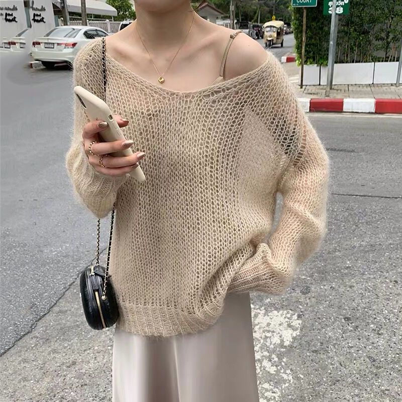 Aichashi fall outfits aesthetic Hollow-out Knitted Blouse Early Autumn New Loose Outer Wear Lazy Pullover Mohair Thin Sweater